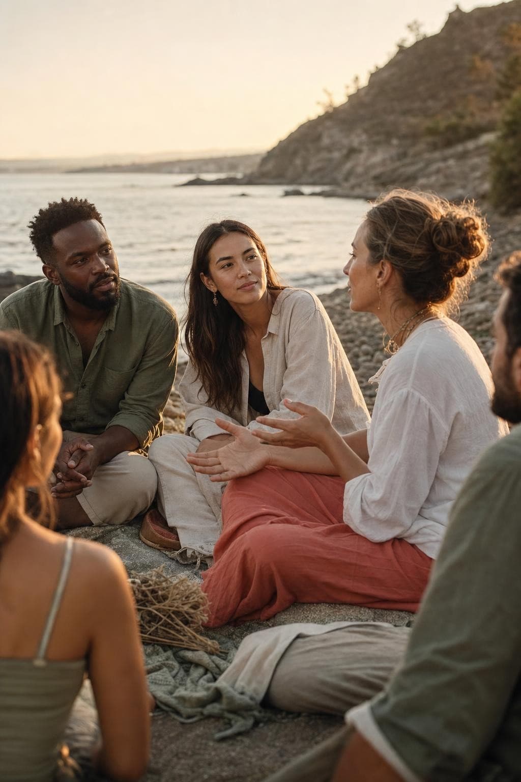 People sharing a calm outdoor gathering by the shoreline
