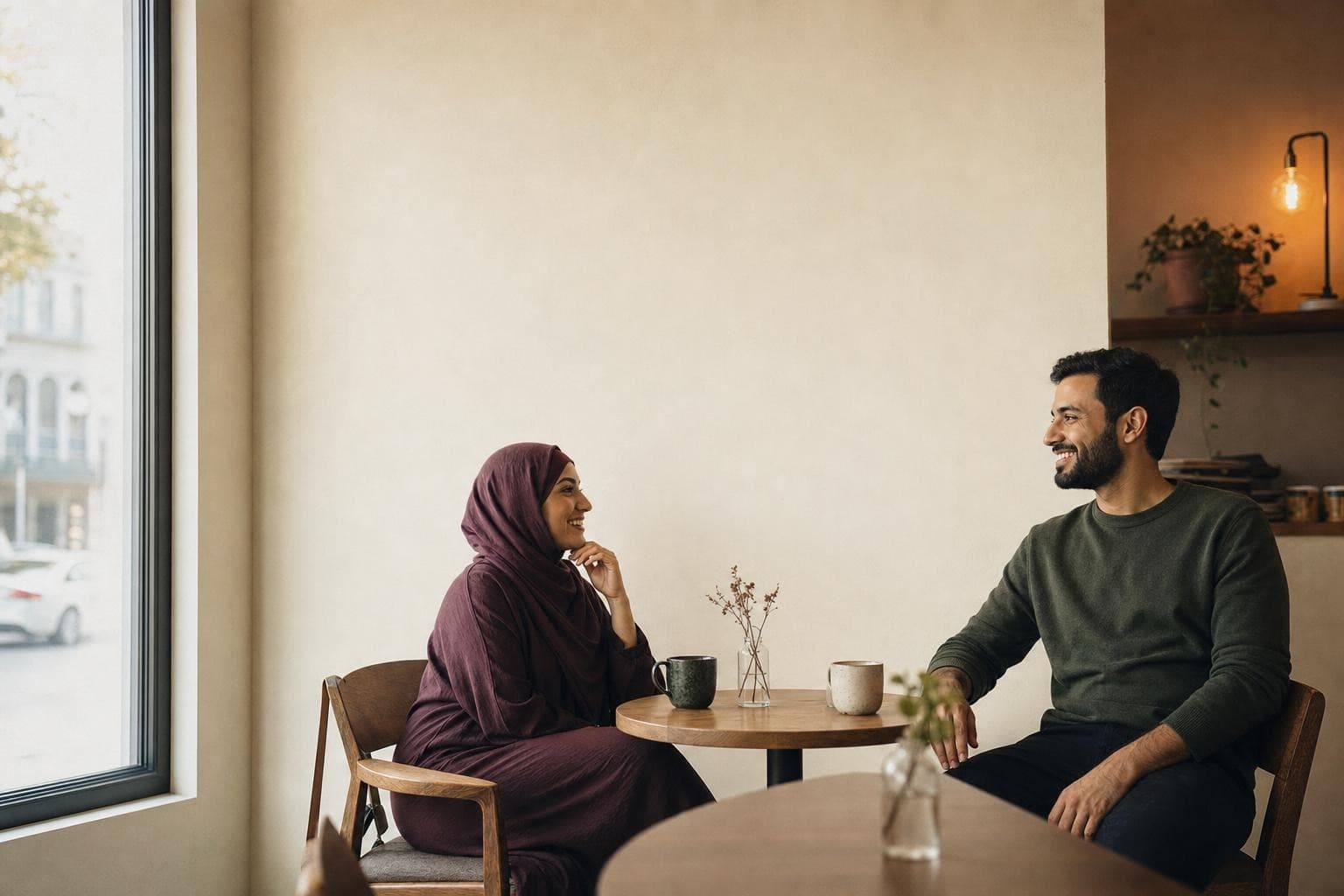 Two people sharing a first conversation at a cafe