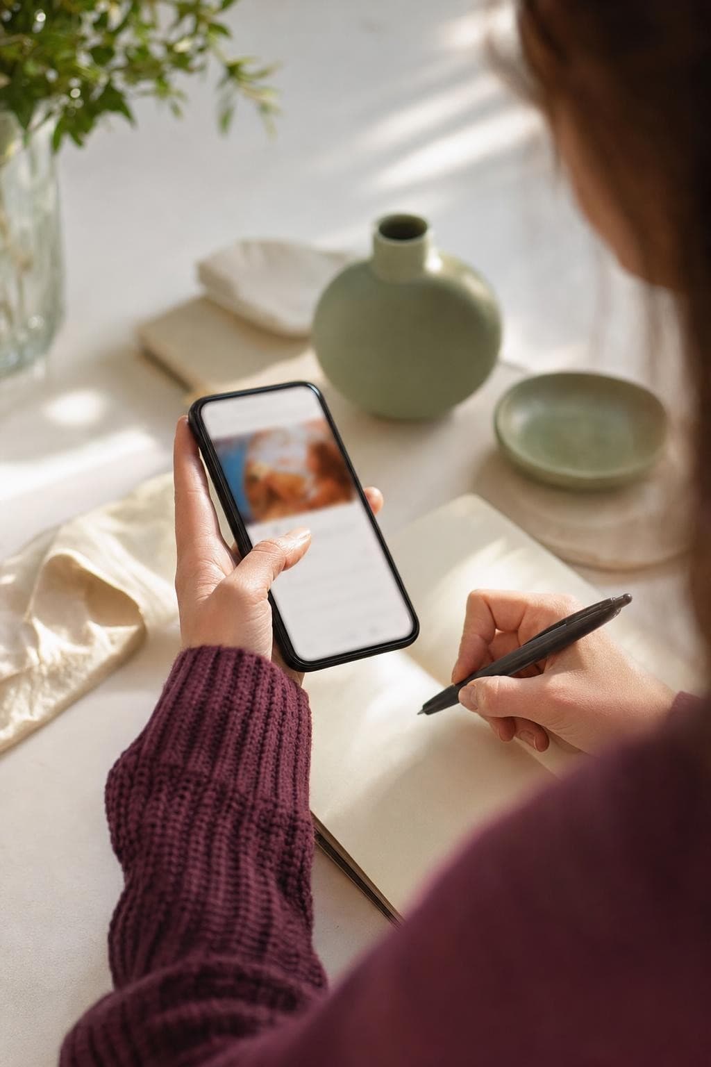A person writing a thoughtful message while holding a phone